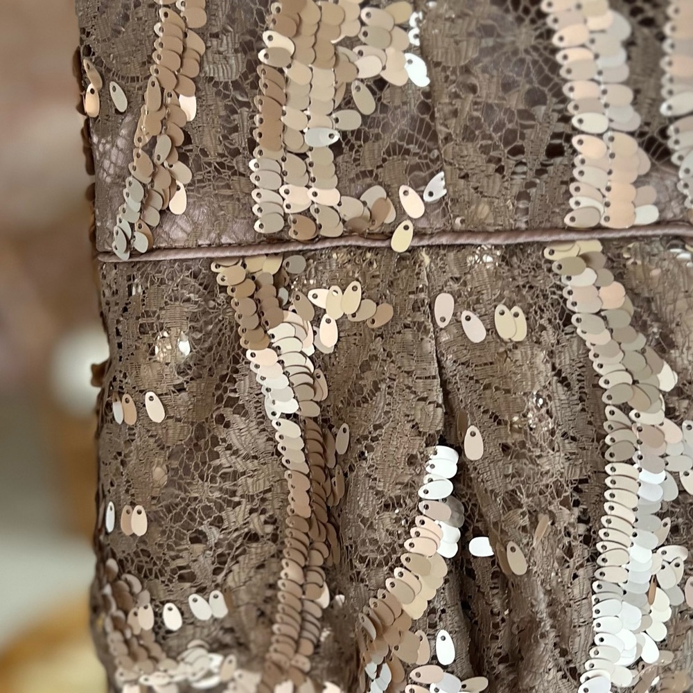 Adrianna Papell Taupe Champagne Lace Sequin Peplum Dress 14 Cocktail Glam - Picture 8 of 14